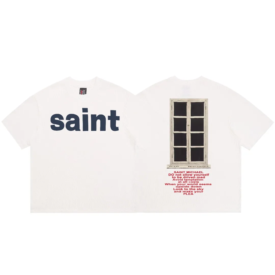 American Saint Michael, aint letter TEE retro print on the chest, washed and distressed, trendy Vintage loose short sleeves, digital white ink direct injection, the fabric is breathable, and the pattern is three-dimensional and clear. Fabric: Double yarn 240g Style number: S939 Size: S-M-L-XL Color: White Price: P110